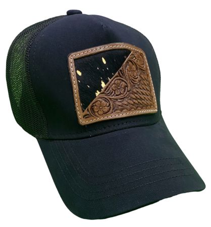 Women's Ponytail Adjustable Baseball Cap - Blk &amp; Gold Hair on Cowhide&#47;Floral Tooled Leather #3
